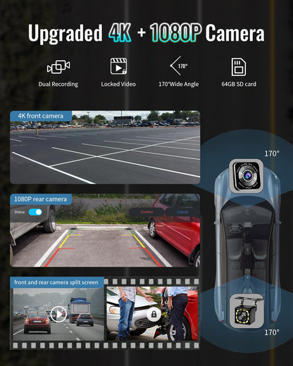 Madoec Tragbarer Apple Carplay Bildschirm fürs Auto, 9" Kabelloses Apple Carplay & Android Auto, 4K Dashcam, 1080p Rückfahrkamera DVR, Autoradio Empfänger GPS Navigation Mirror Link, Bluetooth, FM, Siri