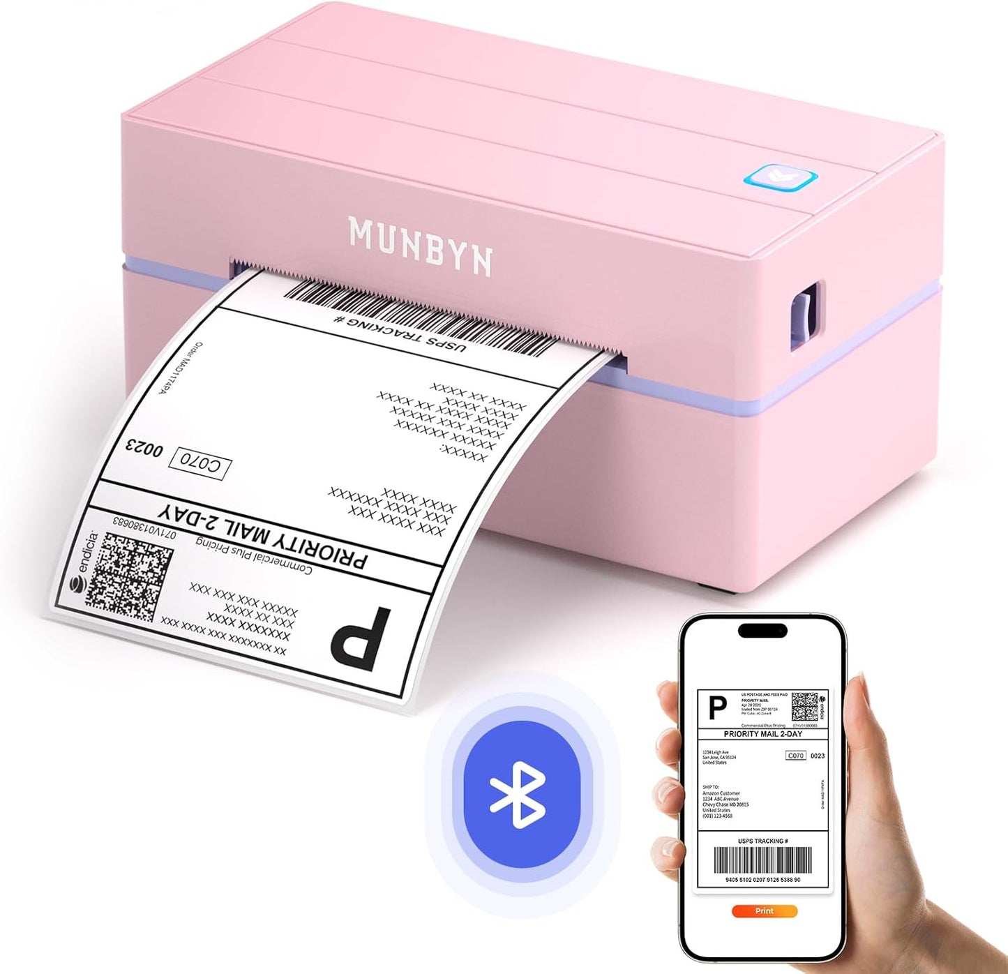 MUNBYN Bluetooth Thermodrucker für Versandetiketten, 130B Kabelloser 4x6 Etikettendrucker für kleine Unternehmen und Büros, kompatibel mit iPhone, Android, iPad, Windows, macOS, Canada Post, UPS, Purolator (Weiß)
