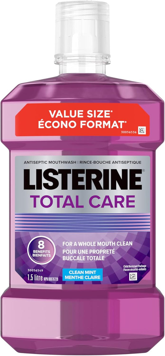 Listerine Total Care Antiseptic Mouthwash for Gingivitis and Teeth Plaque - Contains Thymol, Menthol, and Eucalyptol as essential oils - 1.5L, purple