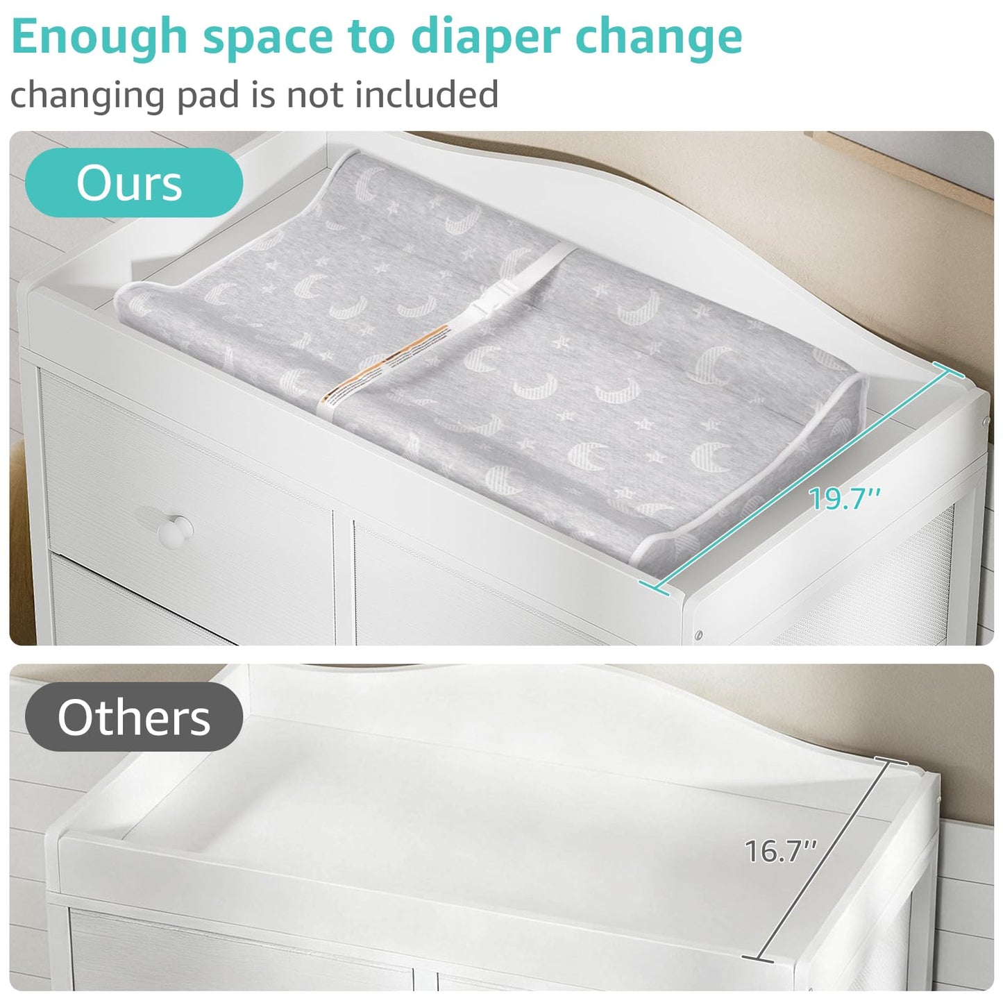 BOLUO White Changing Table Dresser with 6 Drawers Baby Dresser with Changing Table Top Diaper Changing Station with Storage for Nursery Modern