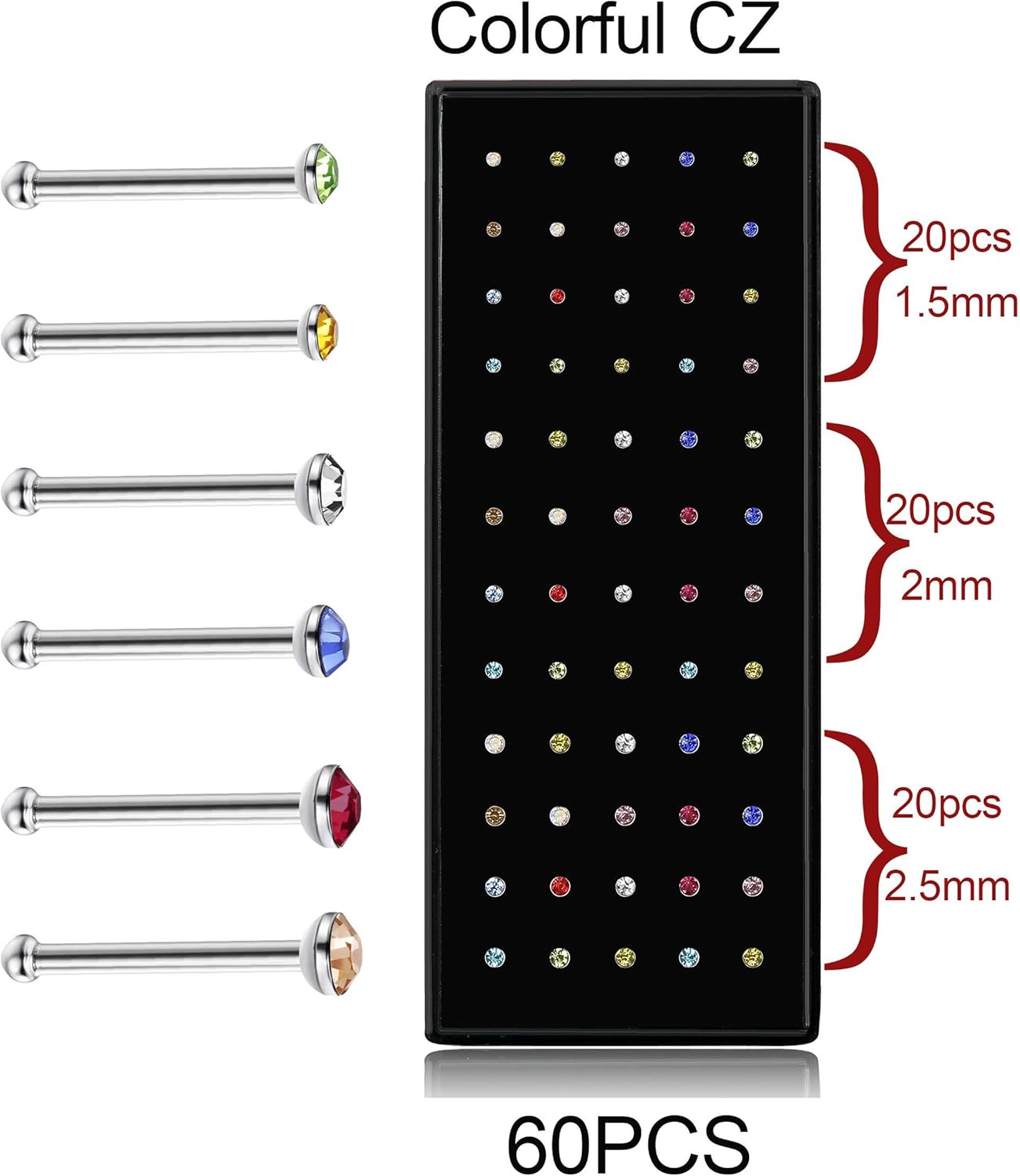 Thunaraz 60-120 Stück Edelstahl Nasenpiercing Ringe Stecker Körperschmuck 20G-22G 1.5mm 2mm 2.5mm