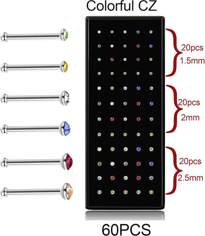 Thunaraz 60-120 Stück Edelstahl Nasenpiercing Ringe Stecker Körperschmuck 20G-22G 1.5mm 2mm 2.5mm