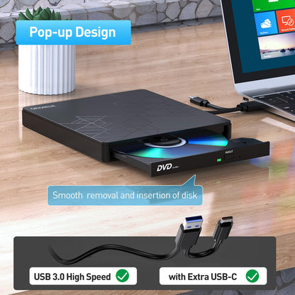 ORIGBELIE externes DVD-Laufwerk, CD-Laufwerk USB 3.0 Typ-C CD/DVD ROM +/-RW Adapter mit USB-Anschluss DVD-Brenner für Laptop, PC, Desktop-Computer, optisches Laufwerk CD-Player kompatibel mit Mac Windows Linux