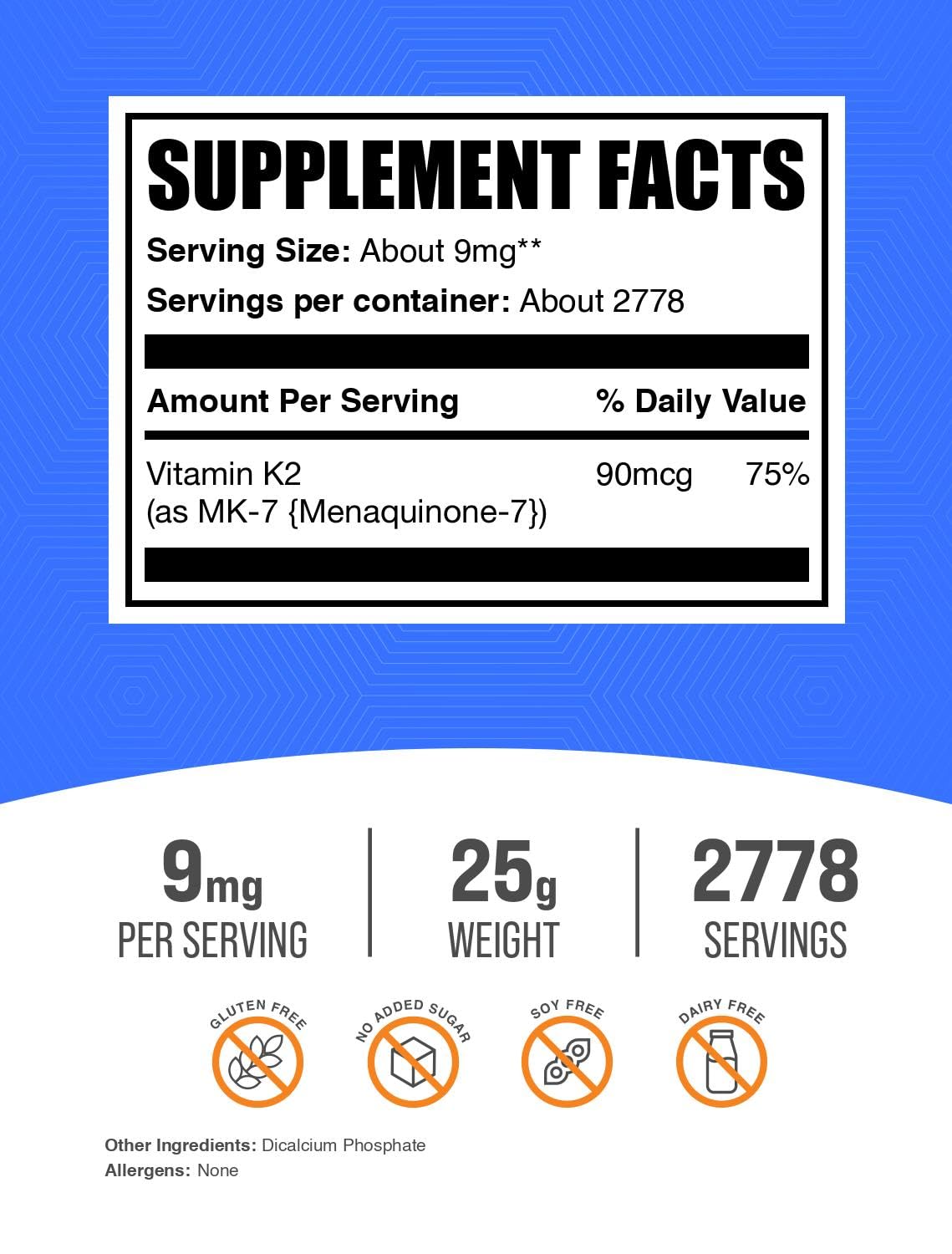 BulkSupplements.com Vitamin K2 Powder - Vitamin K2 MK-7, as Menaquinone Powder - K2 Vitamin Supplement for Wellness, Gluten Free, 9mg per Serving, 500g (1.1 lbs) (Pack of 1)