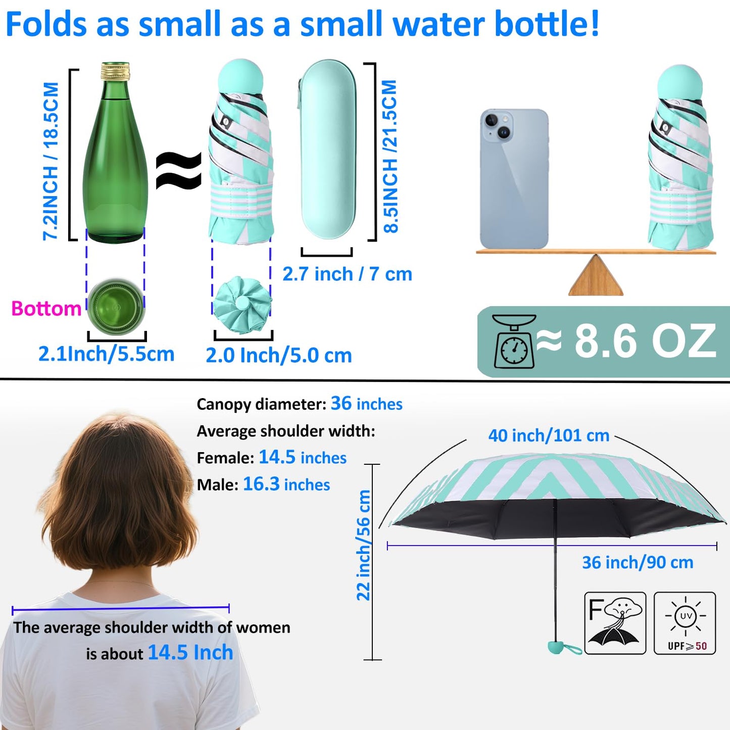 BAODINI Reiseutensilien Mini-Regenschirm für die Handtasche mit Etui Klein Kompakt UV-Sonnenschutz Leicht Winzig Tasche Manuelles Öffnen und Schließen Regenschirm für Damen, Kinder und Herren Passt in Handtasche Rucksack