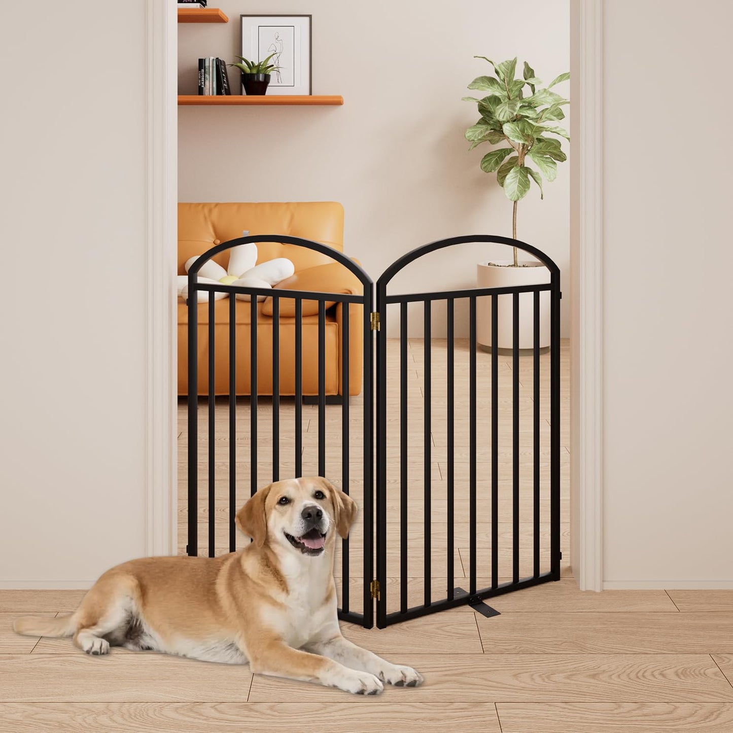 SNUOWU 4 Panels Full Matel Freestanding Dog Gates with Door, 96"Extra Wide 36"Tall Free Standing Dog Pet Gate for Indoor & Outdoor. Foldable Pet Fences for Doorways, House, Stairs, Porch, Deck, Yard