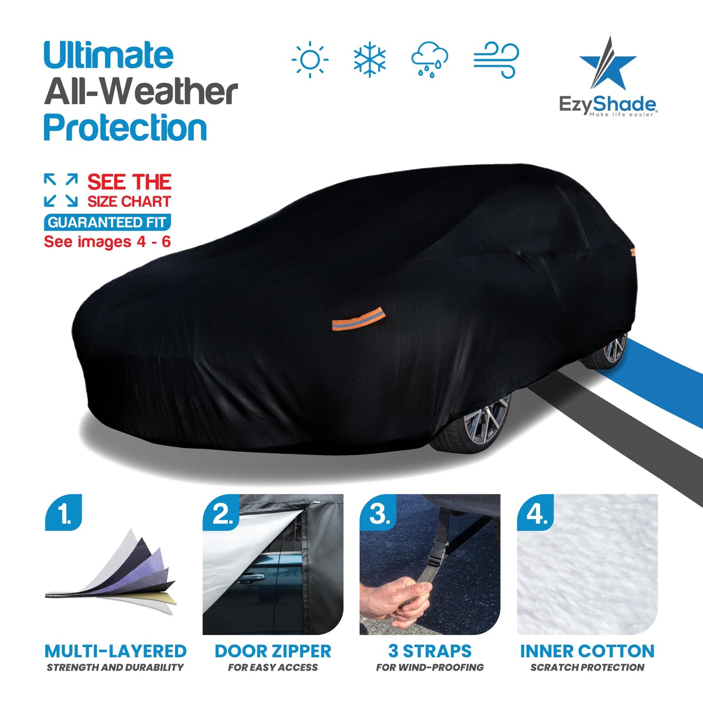 EzyShade 10-Schicht Autoabdeckung Wasserdicht Allwetter - Siehe Fahrzeug-Größentabelle - Autoabdeckungen für Automobile & Auto Schneeabdeckung - Komplette Außenabdeckungen - Winter Regen Sonne SUV Limousine. Größe A4 (Siehe Größentabelle)