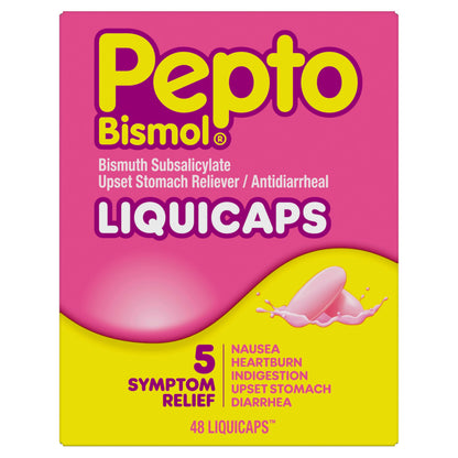 Pepto Bismol Liquicaps, Upset Stomach Relief, Nausea Relief, Heartburn Relief, Indigestion Relief, Anti Diarrhea Medication for Adults - 5 Symptom Fast Relief, No Flavor, 48 ct (Pack of 12)