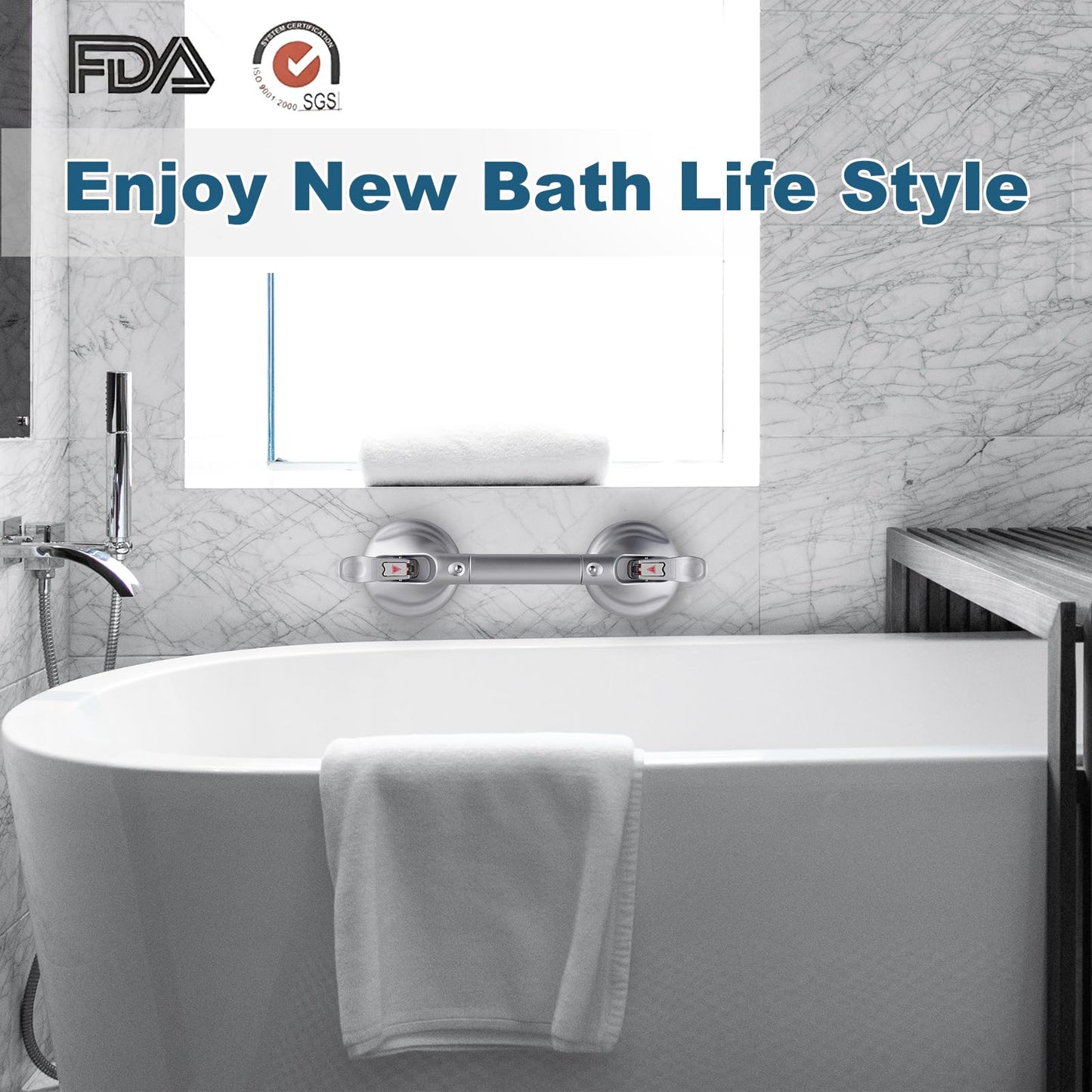 15-Inch Shower Handle - Upgraded Grab Bar with Strong Suction Cups for Bathtub & Shower Safety, Ideal for Seniors, Elderly, Disabled -Silver