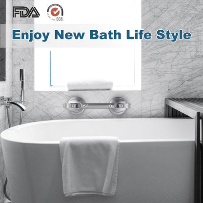 15-Inch Shower Handle - Upgraded Grab Bar with Strong Suction Cups for Bathtub & Shower Safety, Ideal for Seniors, Elderly, Disabled -Silver