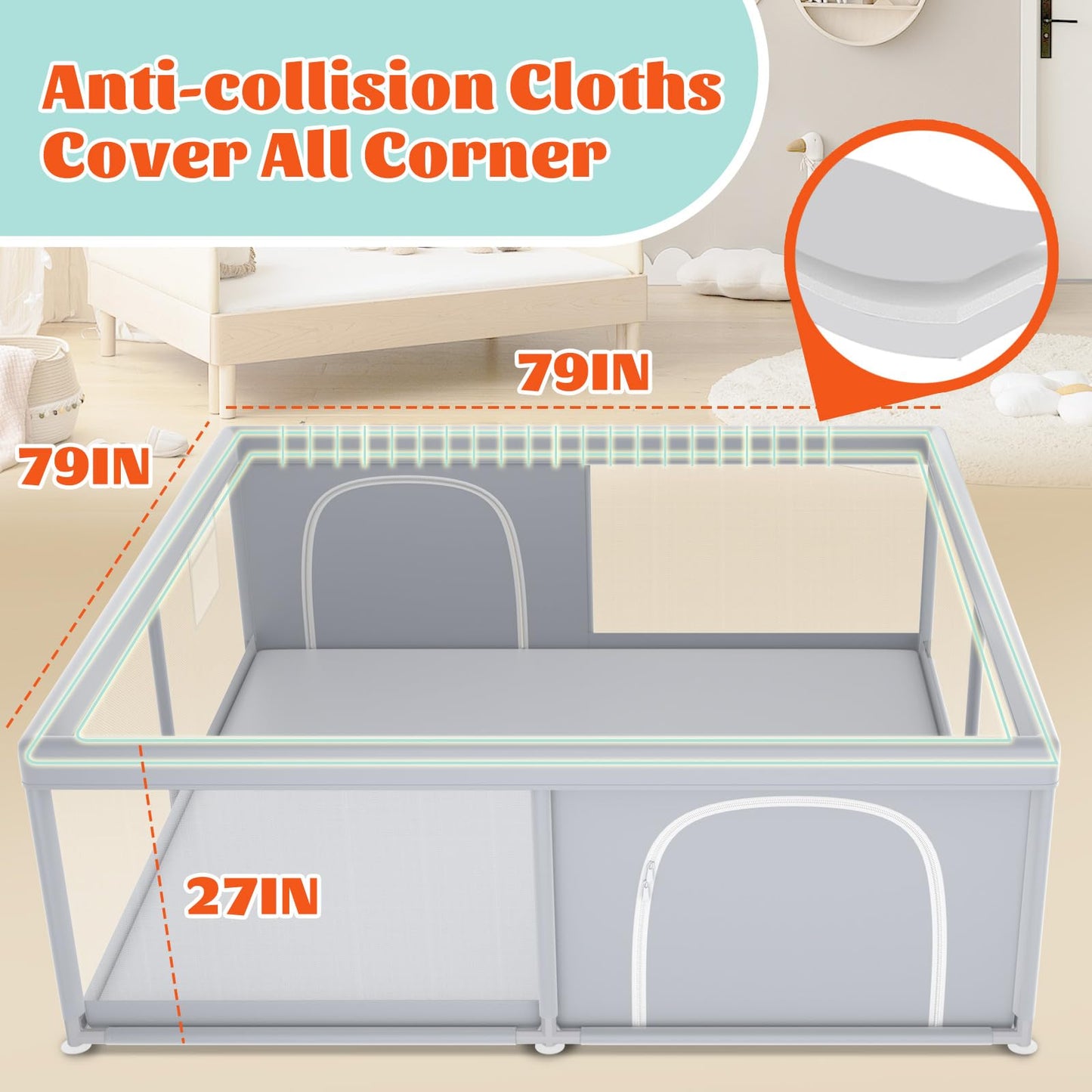 XVISHX 50 x 50 Inch Baby Playpen, Playpen for Babies and Toddlers, Baby Play Pen Playard for Indoor & Outdoor Active Center Game Fence, with Skin-Friendly Fabric and Soft Breathable Mesh, Grey