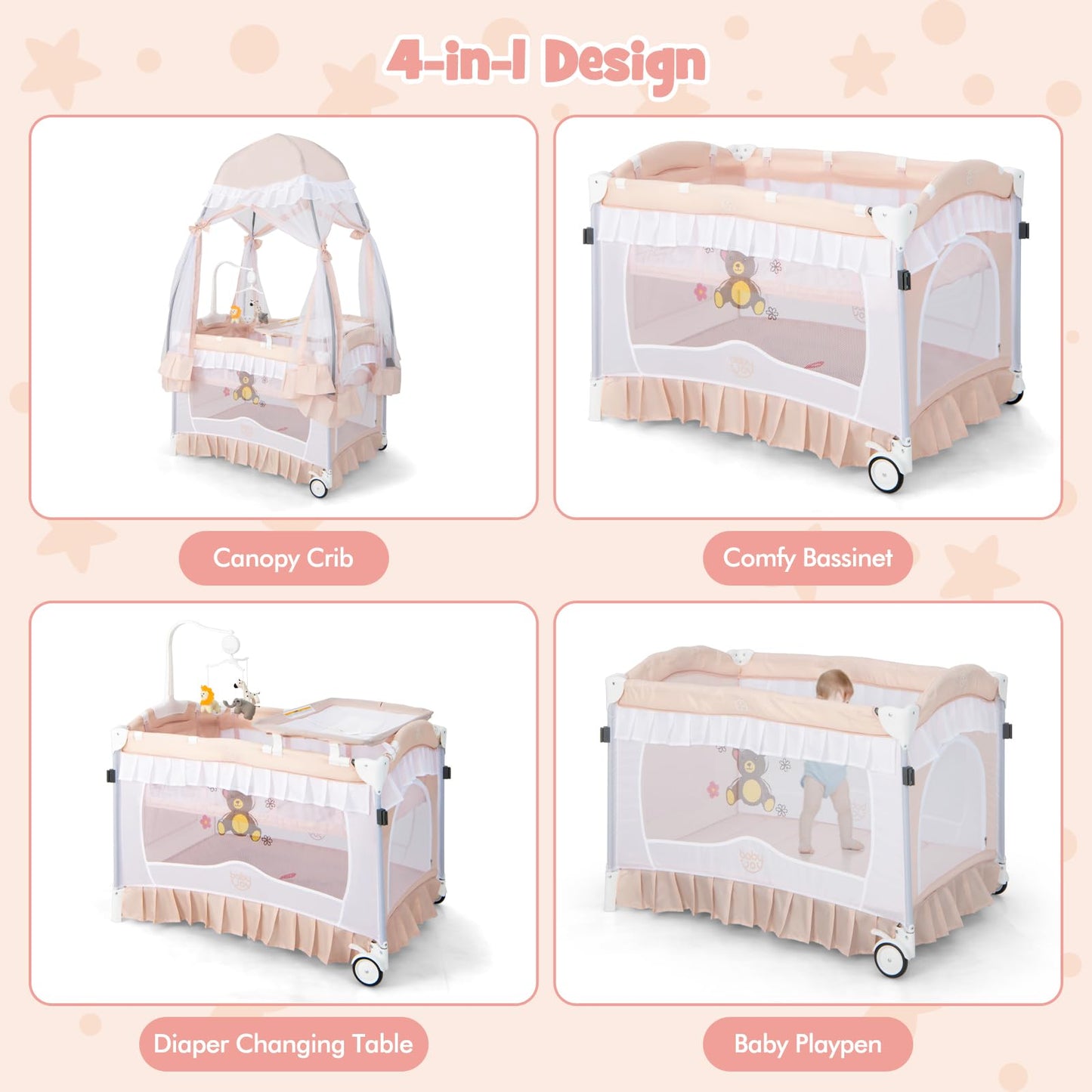 BABY JOY 4 in 1 Pack and Play with Canopy, Portable Baby Playard with Bassinet, Double-Layer Baby Crib, Wheels & Brake, Foldable Baby Girl Pink Bassinet from Newborn to Toddler