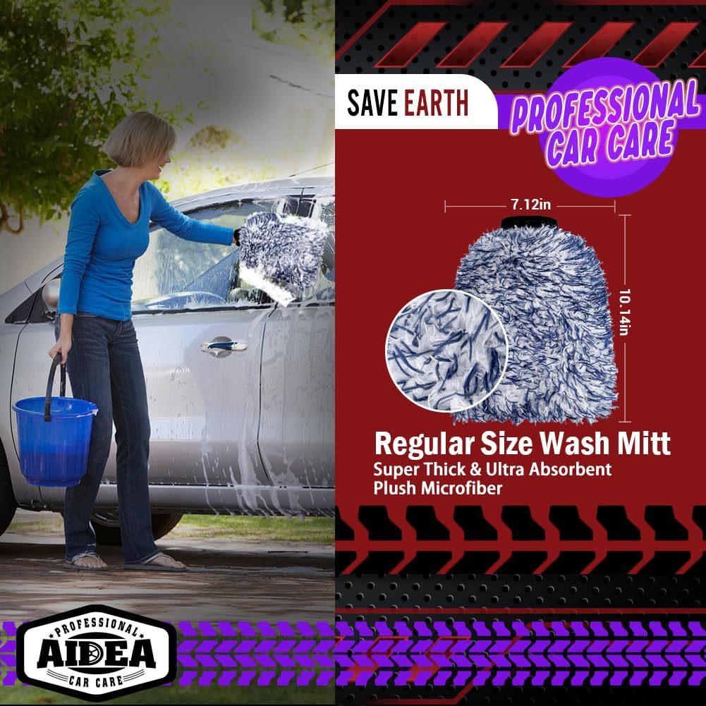 AIDEA Auto Waschhandschuh Mikrofaser, 2er Pack Kratzfrei Fusselfrei, Premium Chenille Mikrofaser Waschhandschuh Auto Waschbürste, Grün, Reguläre Größe 18,08 cm x 25,76 cm