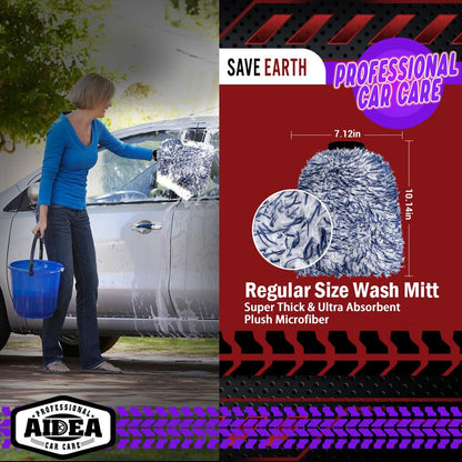 AIDEA Car Wash Mitt Microfiber, 2PK Scratch Free Lint-Free, Premium Chenille Microfiber Mitt Car Wash Brush, Green, Regular Size 7.12''X10.14''