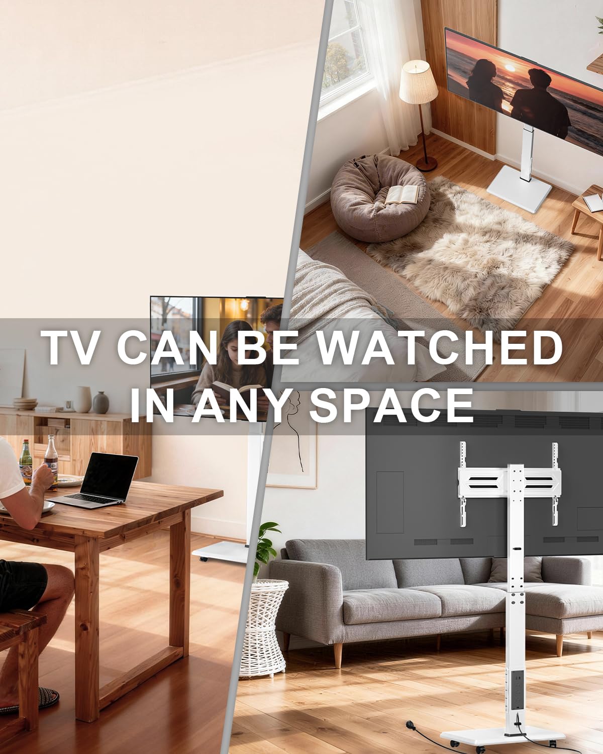 WALI Rolling TV Stand with Power Outlet & AV Shelf, Mobile Tall TV Stand Mount on Wheels for 34-75 inch TV up to 110 lbs, Swivel Height Adjustable TV Cart with Wood Base for Bedroom(TVDVD-6PRW), White