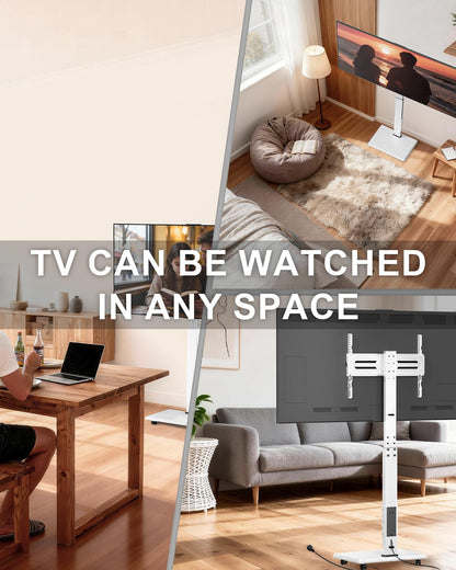 WALI Rolling TV Stand with Power Outlet & AV Shelf, Mobile Tall TV Stand Mount on Wheels for 34-75 inch TV up to 110 lbs, Swivel Height Adjustable TV Cart with Wood Base for Bedroom(TVDVD-6PRW), White