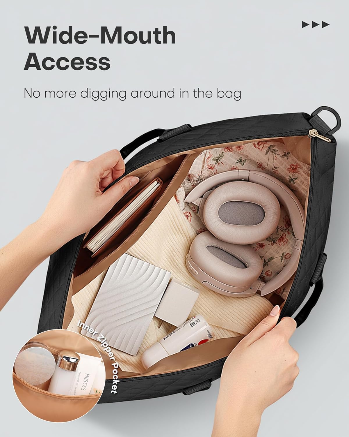 HOTOR Reisetasche - Große Weekender-Tasche für Frauen, Handgepäck mit Schuhfach, Übernachtungstasche mit Kulturtasche für Reiseutensilien und Reisezubehör, Schwarz, 34,0 x 45,0 x 20,0 cm