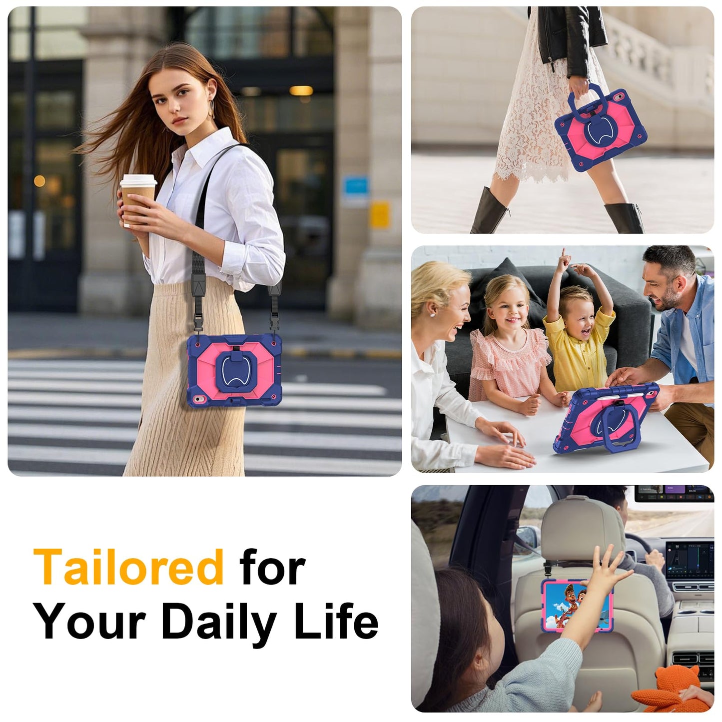 Case for iPad A16 11th Generation 11 Inch 2025, Auorld for iPad 10th Generation 10.9 inch 2022 case with Screen Protector, 360 Degree Rotating Stand Shoulder Strap Pencil Holder, Navy Pink
