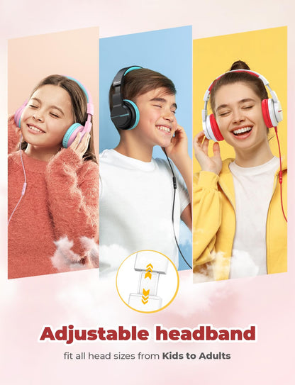 iClever Kinderkopfhörer für Schule und Reisen, sichere Lautstärkebegrenzung, HD-Mikrofon, Stereo-Sound Over-Ear-Kopfhörer für Mädchen und Jungen, FunShare Faltbar, 3,5 mm kabelgebunden für iPad Computer, HS19