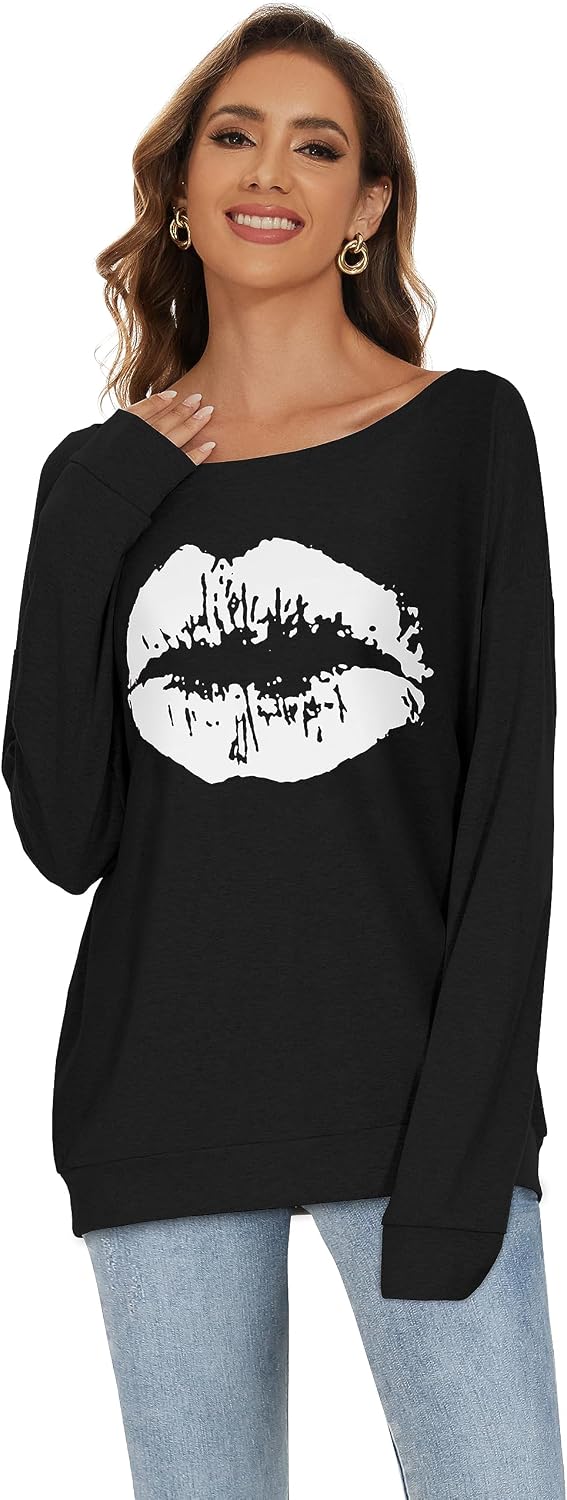 Womens Off The Shoulder Tops Long Sleeve Pullover Sweatshirt Sweater Causal Loose Blouse Tunic Shirt