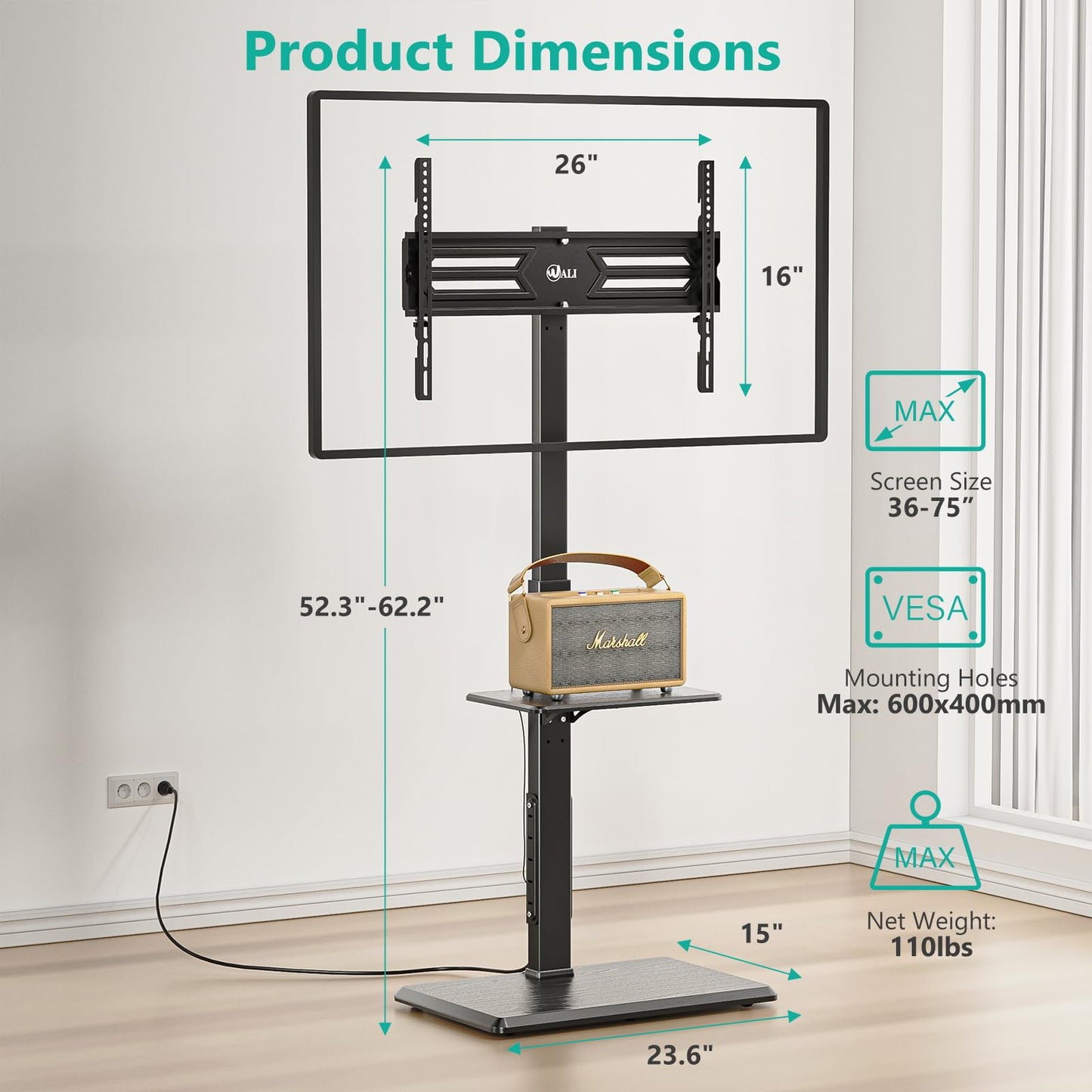 WALI Rolling TV Stand with Power Outlet & AV Shelf, Mobile Tall TV Stand Mount on Wheels for 34-75 inch TV up to 110 lbs, Swivel Height Adjustable TV Cart with Wood Base for Bedroom(TVDVD-6PRW), White