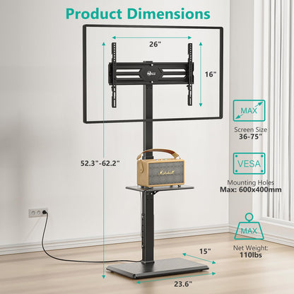 WALI Rolling TV Stand with Power Outlet & AV Shelf, Mobile Tall TV Stand Mount on Wheels for 34-75 inch TV up to 110 lbs, Swivel Height Adjustable TV Cart with Wood Base for Bedroom(TVDVD-6PRW), White