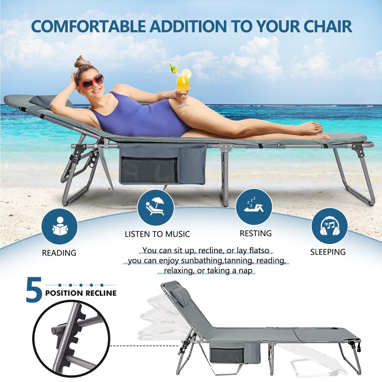 Tanning Chair with Face Hole, Adjustable Folding Chaise Lounge Chairs for Outside with Detachable Pillow & Pocket，Portable flat beach chairs for sunbathing, beach lawns camping (Purple, Standard)
