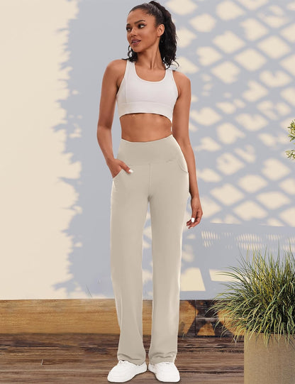 VOOVEEYA Yogahosen für Damen mit Taschen, gerade geschnittene Hose mit weitem Bein, hochtaillierte Business-Hose, petite/regulär//lang