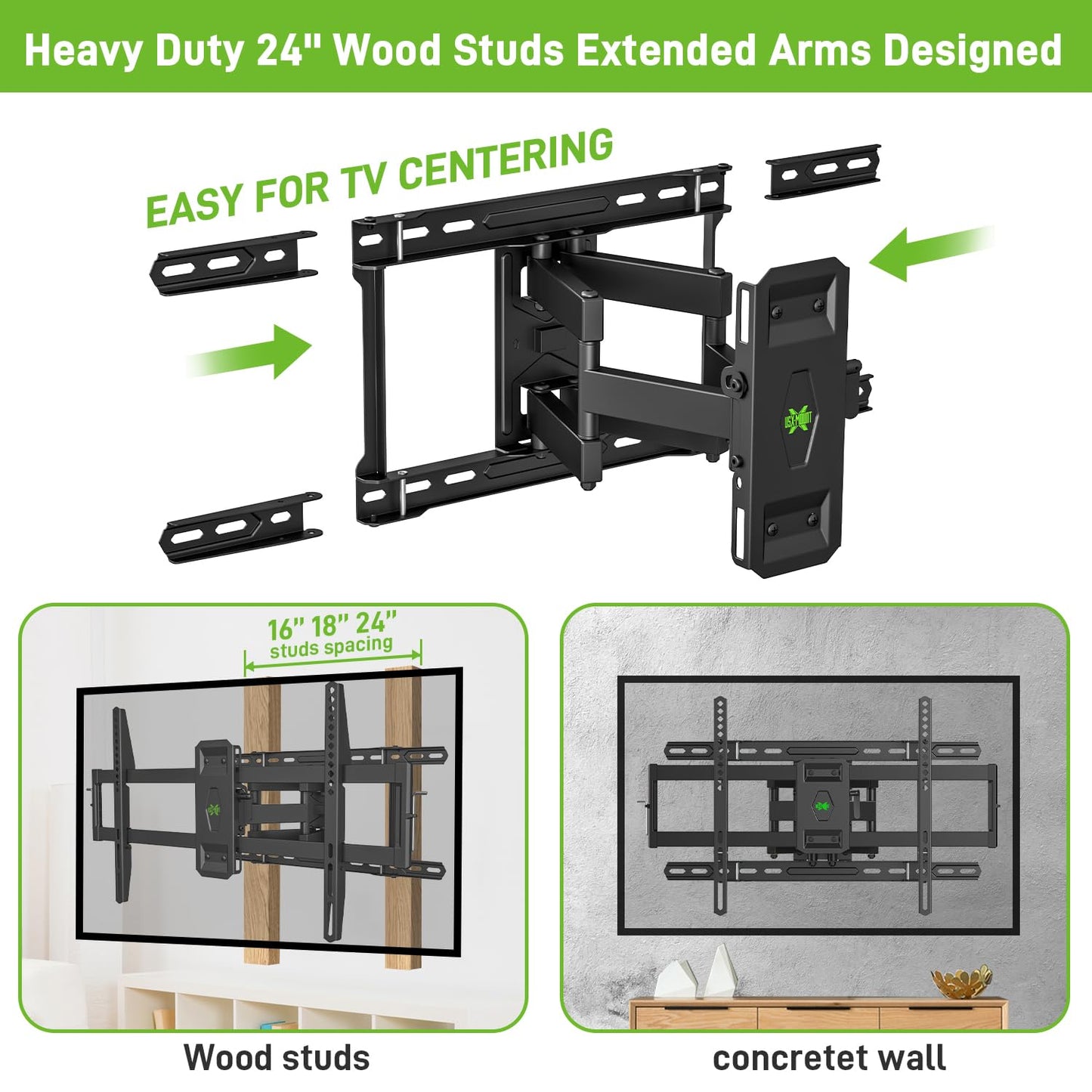USX MOUNT TV Wall Mount for 32-74 inch Flat Screen/LED/4K up to 110lbs, Full Motion TV Mount Bracket with Swivel & Tilt Articulating Dual Arms, Max VESA 400x400mm, Fits 12/16" Wood Studs