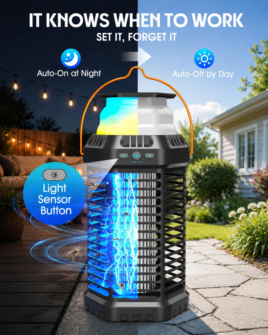 Solar Bug Zapper Outdoor & Indoor, 4500V Ultra-Effective Mosquito Zapper, 6000mAh Rechargeable Insect Zapper, Foldable 2-in-1 Light, IP66 Waterproof for Patio, Camping, Bedroom, Kitchen