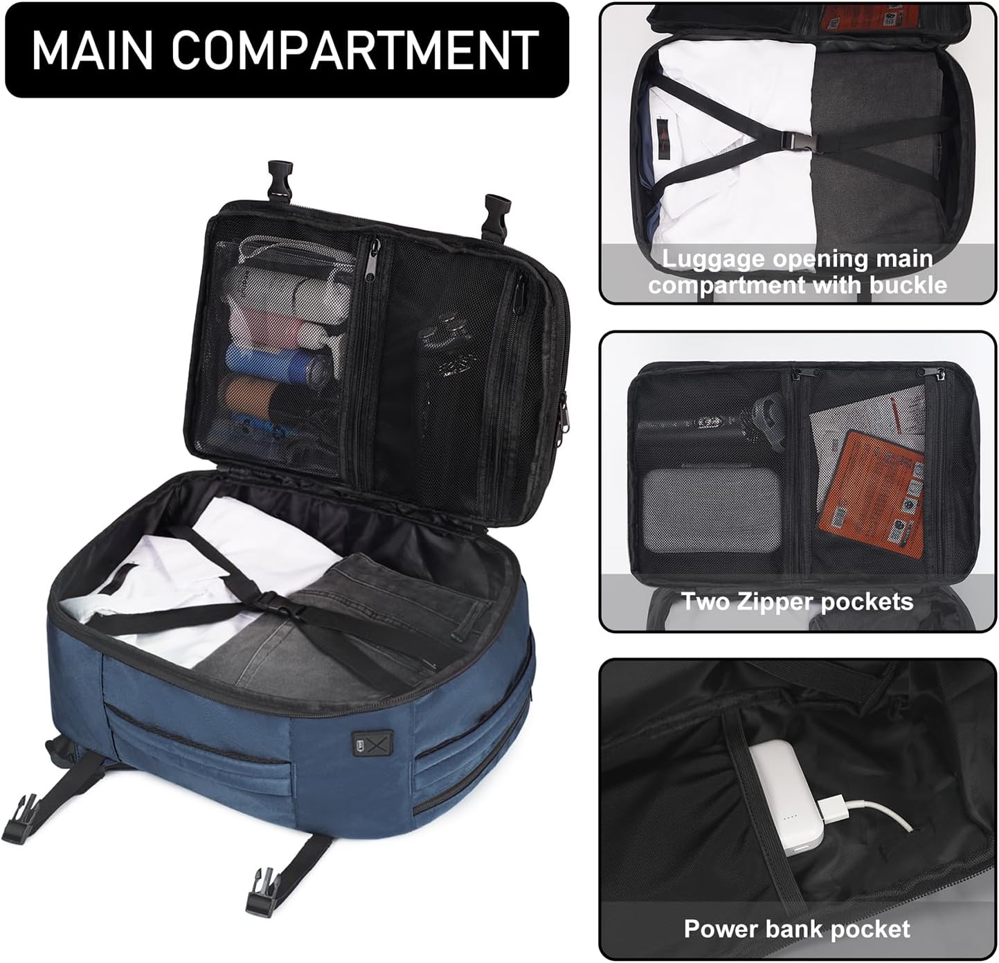 ECOHUB 16'' Reise-Rucksack Handgepäck Unterseat-Rucksack Persönlicher Gegenstand Flugzeug-Reisetasche mit 13 Taschen Handgepäck Flaschenhalter USB-Ladeanschluss Casual Daypack für Frauen Männer Schwarz