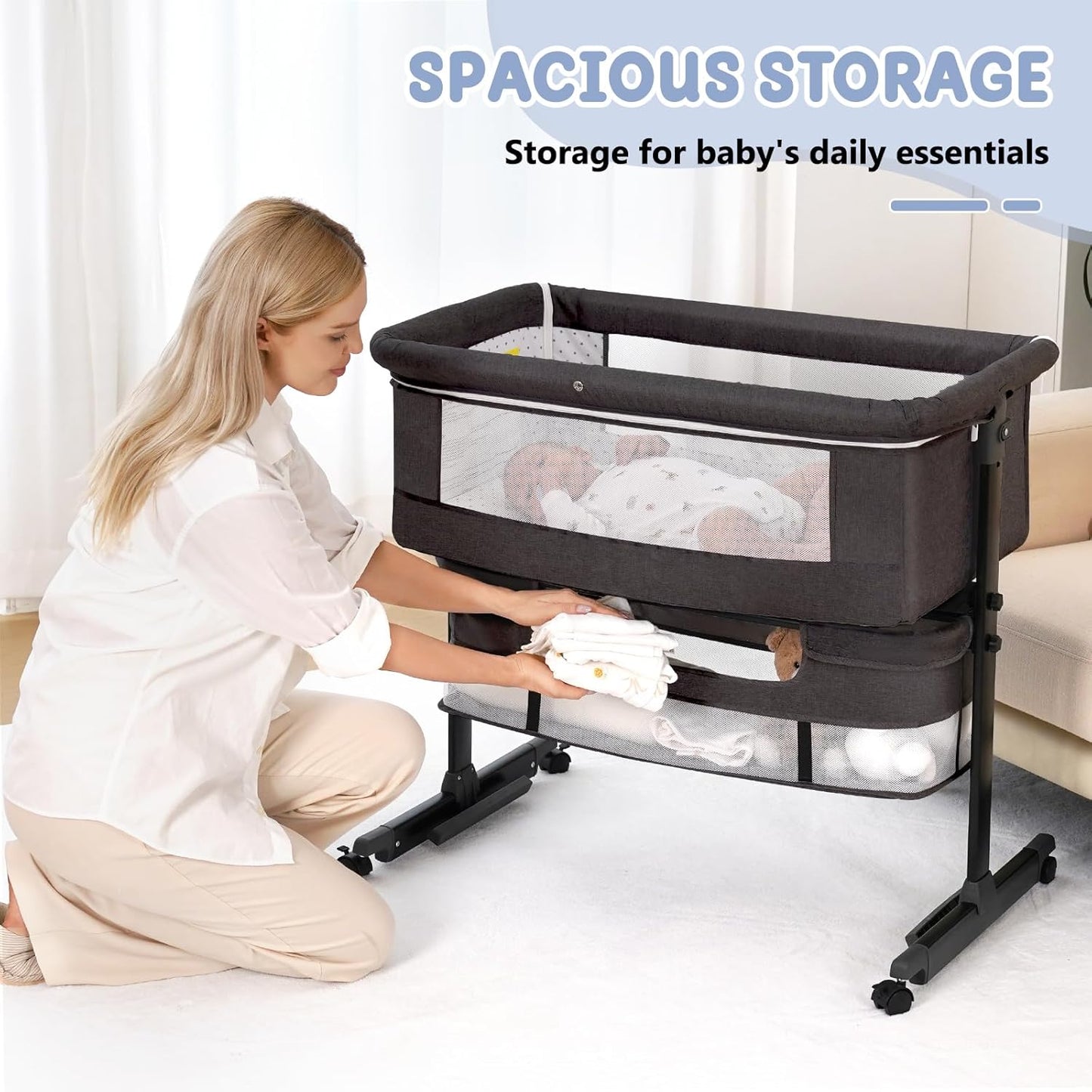 Baby Bassinet, 3 in 1 Bedside Bassinets for Baby, Bassinet Bedside Sleeper with Wheels, Adjustable Height with Rocking Mode, Breathable Mesh, Storage Basket, Easy Assemble & Folding (Dark Gray)