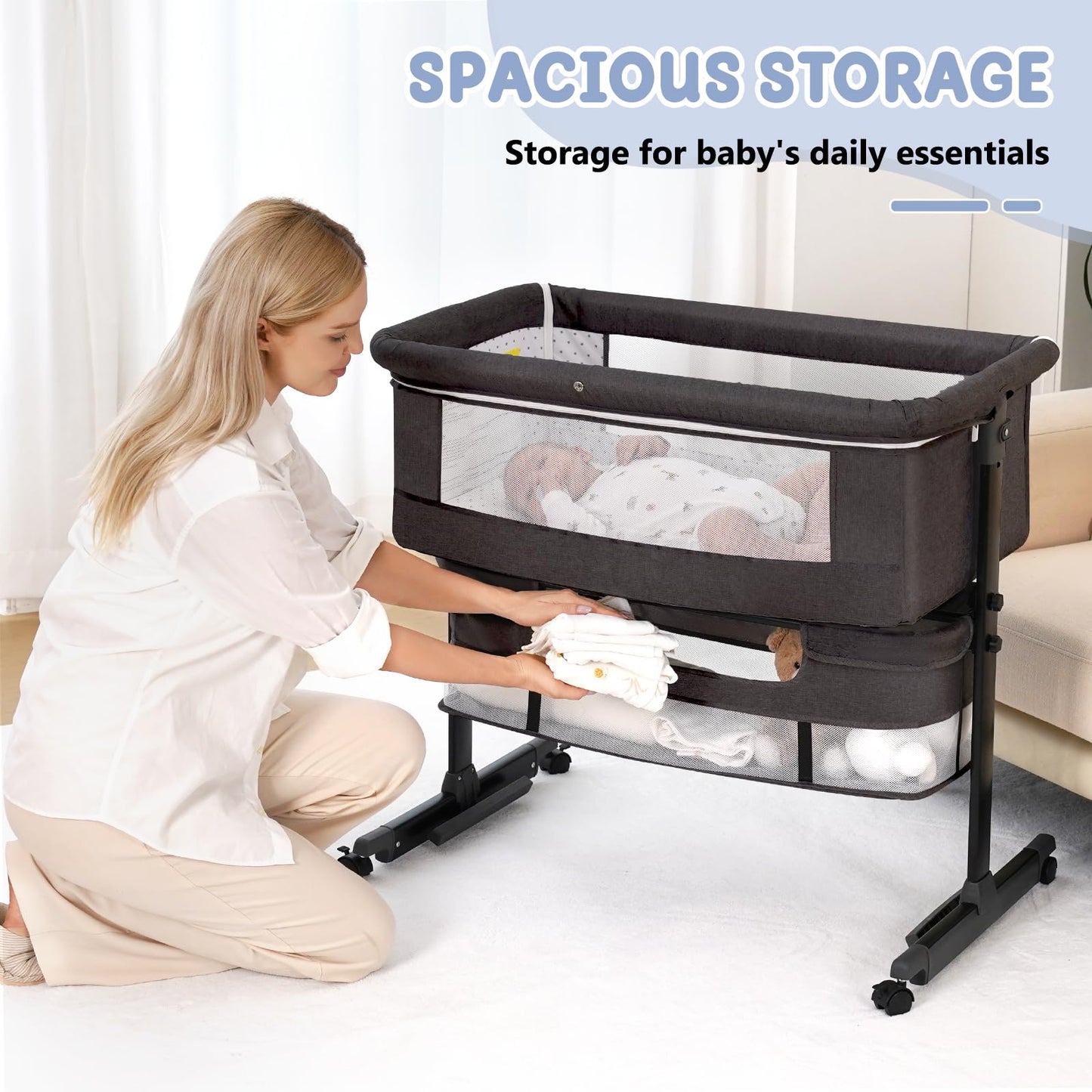 Semphis Baby Bassinet, 3 in 1 Bassinets Bedside Sleeper, Adjustable Height Bedside Sleeper with Rocking Mode, Breathable Mesh, Storage Basket, Wheels, Easy Assemble & Folding (Gray)