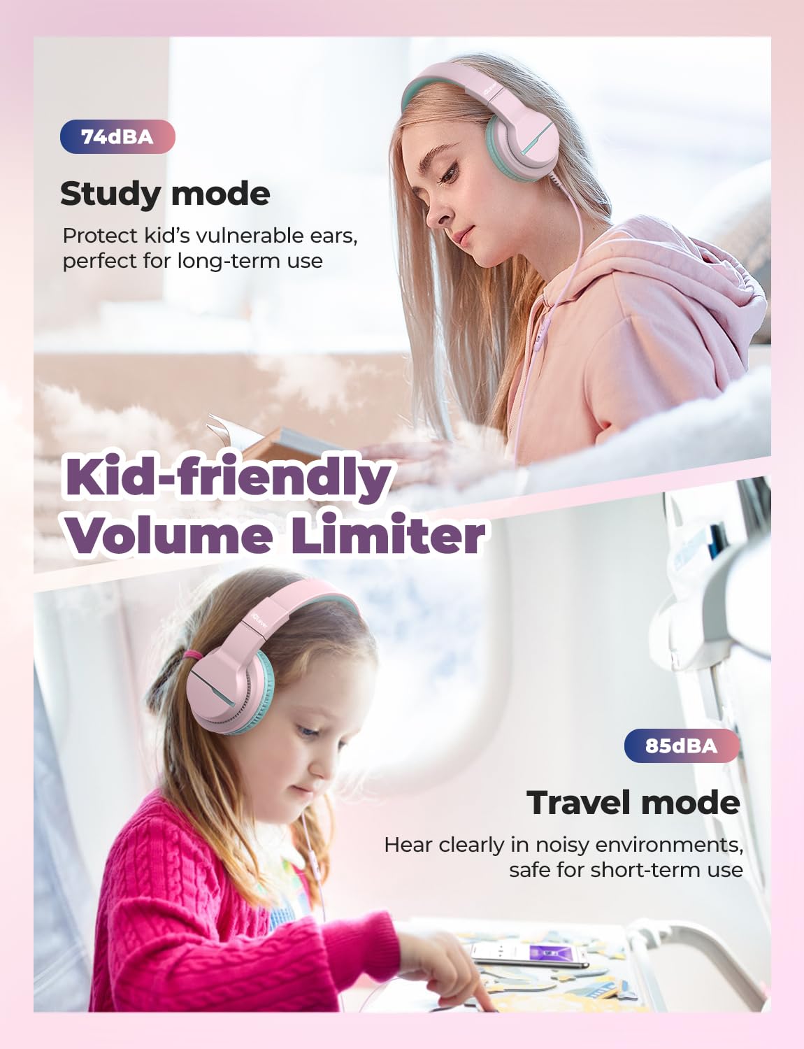 iClever Kinderkopfhörer für Schule und Reisen, sichere Lautstärkebegrenzung, HD-Mikrofon, Stereo-Sound Over-Ear-Kopfhörer für Mädchen und Jungen, FunShare Faltbar, 3,5 mm kabelgebunden für iPad Computer, HS19