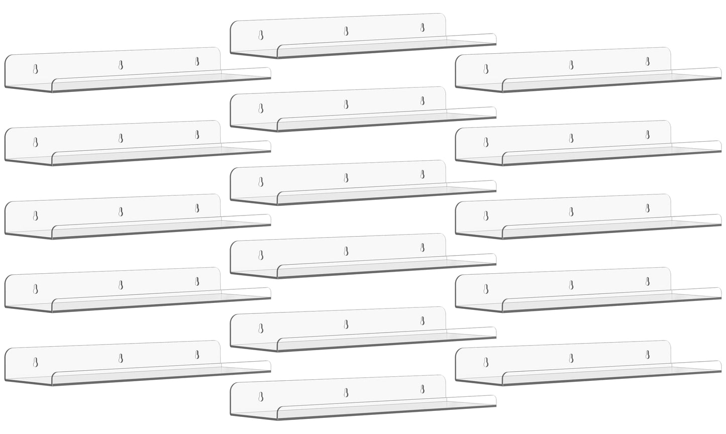 Qukaka Floating Shelves for Wall Decor, 15" Extra Clear Wall Shelves for Bedroom, Living Room, Kitchen, Bathroom Decor, Nail Polish/Book/Decoration/Makeup/Perfume Organizer Floating Shelf-3Pack
