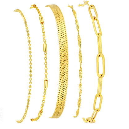 Gold Bracelets for Women, 14K Gold Plated Stackable Bracelet Stack Set Adjustable Charm Paperclip Chain Snake Link Layered Waterproof Jewelry Sets Gifts