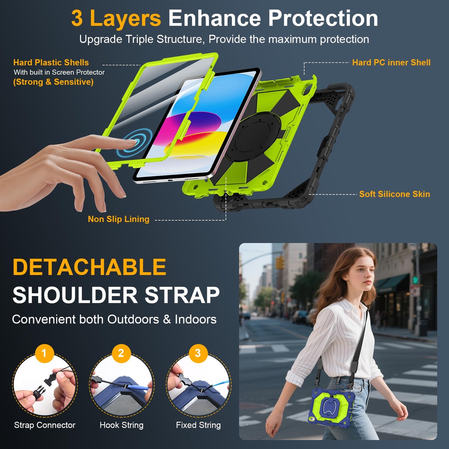 Case for iPad A16 11th Generation 11 Inch 2025, Auorld for iPad 10th Generation 10.9 inch 2022 case with Screen Protector, 360 Degree Rotating Stand Shoulder Strap Pencil Holder, Navy Pink