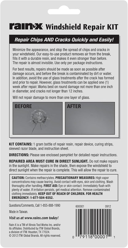 Rain-X 600001 Windshield Repair Kit - Quick and Easy Durable Resin Based Windshield Repair Kit for Chips and Cracks, Good for Round Damage Below 1" in Diameter and Cracks Smaller Than 12" in Length