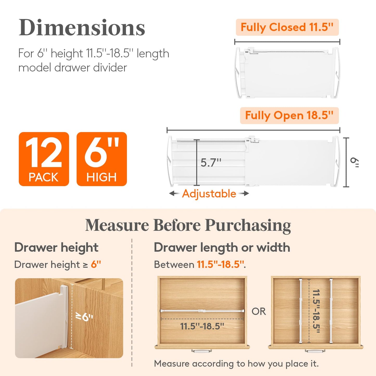 Lifewit 8" Tall 4 Pack Drawer Dividers, 13.8"-22.2" Adjustable Deep Drawer Organizer Clothes, Expandable White Plastic Separators for Dresser, Kitchen, Cabinet, Closet, Office Organization & Storage
