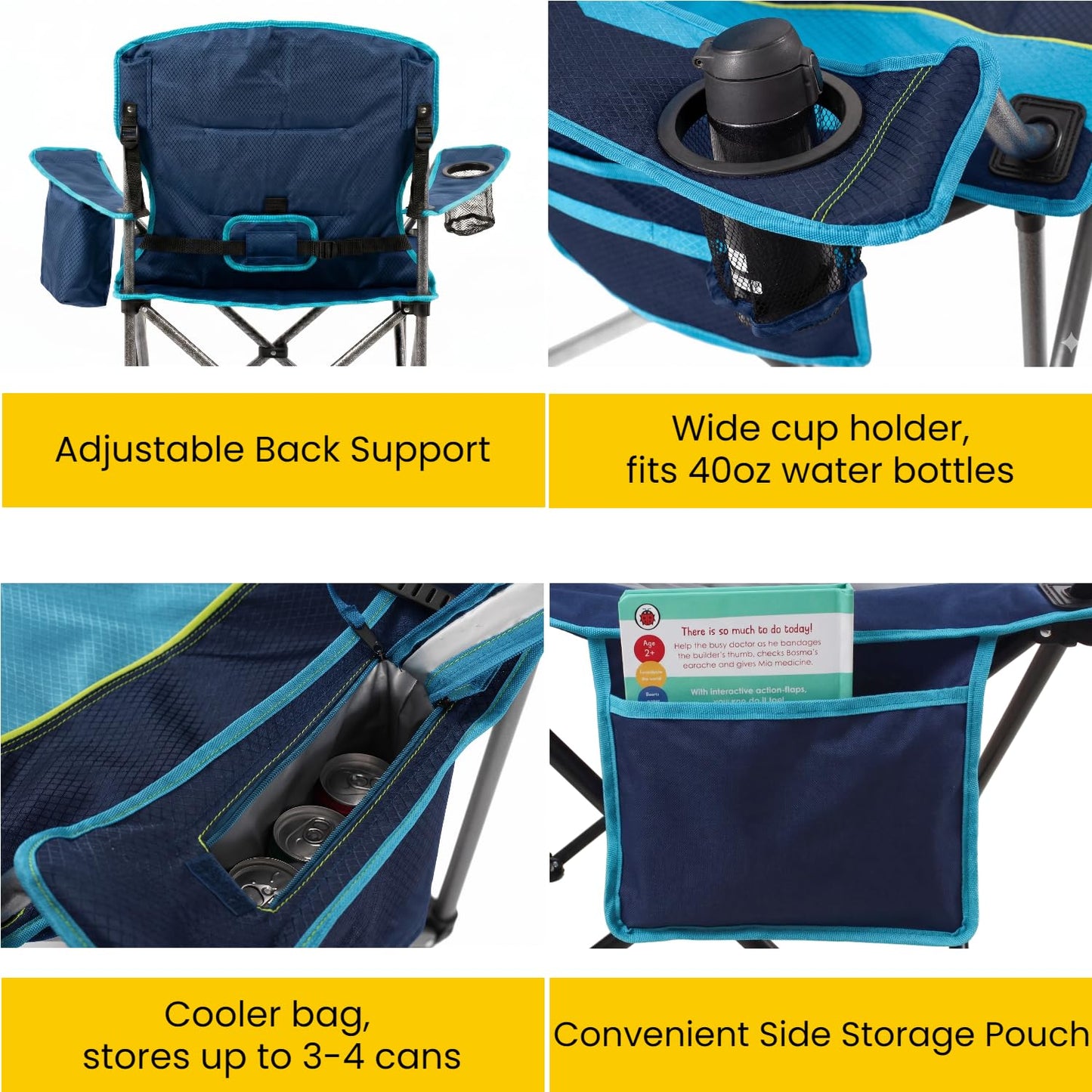 FAIR WIND Padded Camping Chair 500LBS Capacity Heavy Duty Oversized Folding Chair for Heavy People Portable Lawn Chair with Adjustable Lumbar Support, Cooler Bag & Cup Holder for Outdoor, Beach