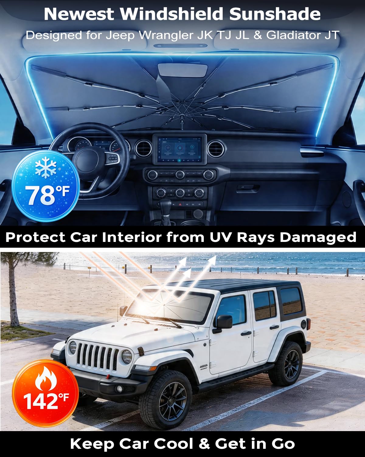 DMJN Umbrella Windshield Sun Shade for Jeep Grand Cherokee (2011-2026), Car Sunshade for Front Windshield [Nano Ice-Crystal Coatings] UPF50+ Heat & UV Block, Protect Interior & Keep Cooler