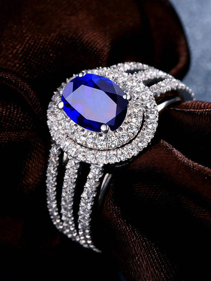 KnSam Women Ring 18K, Blue Sapphire 4 Claws Oval Sapphire with Shinny Diamond