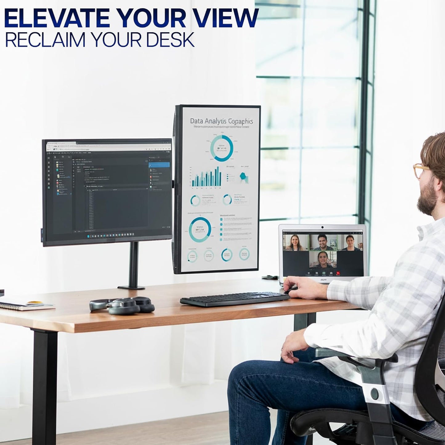 VIVO Dual-Monitor Tischhalterung, für 2 Bildschirme bis zu 30 Zoll und je 10 kg, Hochleistungs-Stahlständer voll verstellbar mit Klemme und Tülle, Schwarz, STAND-V002