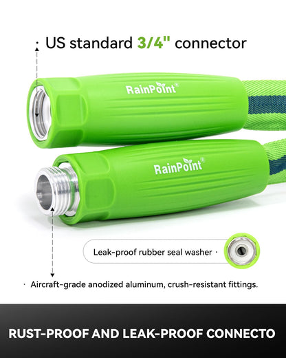 RAINPOINT Garden Hose 100FT, Up to 60% Lighter Non-Expanding Water Hose with TPE Inner Tube, Lightweight & Flexible Anti-Kink Hose, 800D Oxford Fabric, Weather-Resistant, 450PSI Burst, 3/4" Fittings