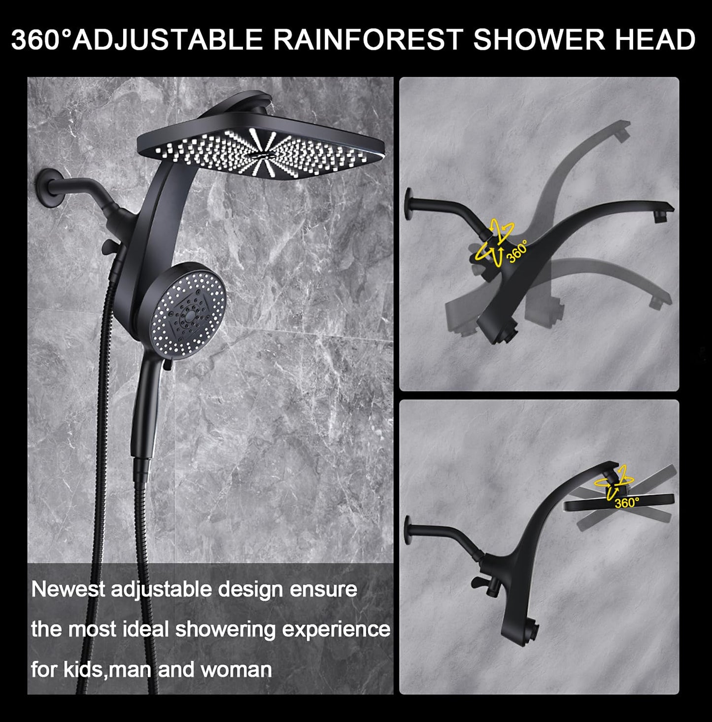 BOZYBO Rain Shower Head with Handheld: High Pressure Shower Heads with Handheld Spray Combo, 12" Rainfall Shower Head and 9 Sprays Hand Showerheads with Magnetic Docking and Power Jets, Chrome