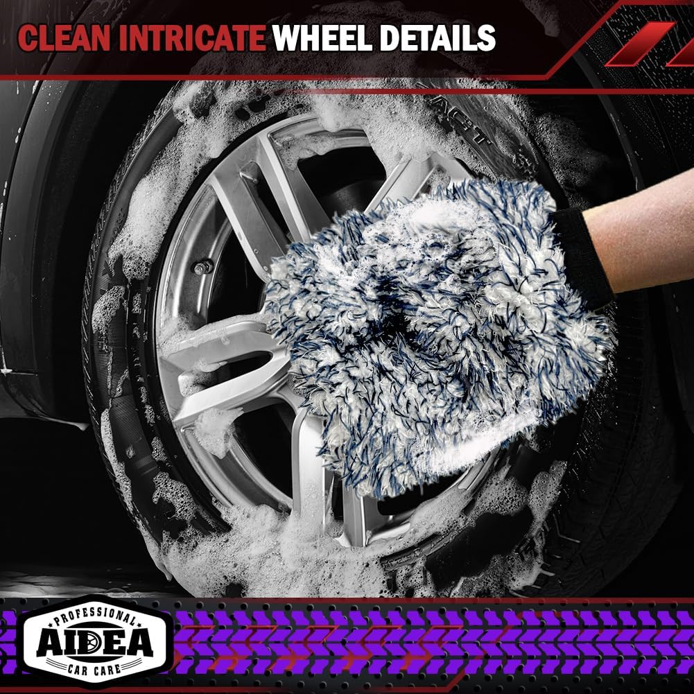 AIDEA Auto Waschhandschuh Mikrofaser, 2er Pack Kratzfrei Fusselfrei, Premium Chenille Mikrofaser Waschhandschuh Auto Waschbürste, Grün, Reguläre Größe 18,08 cm x 25,76 cm