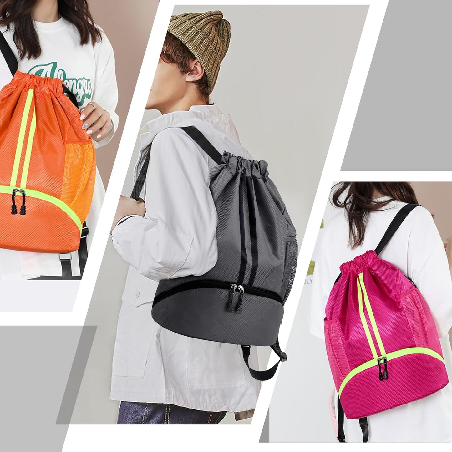 Hoedia Sports-Kordelzugrucksack – Schwimm-Turnbeutel mit Schuhfach und wasserdichter Tasche für Damen und Herren
