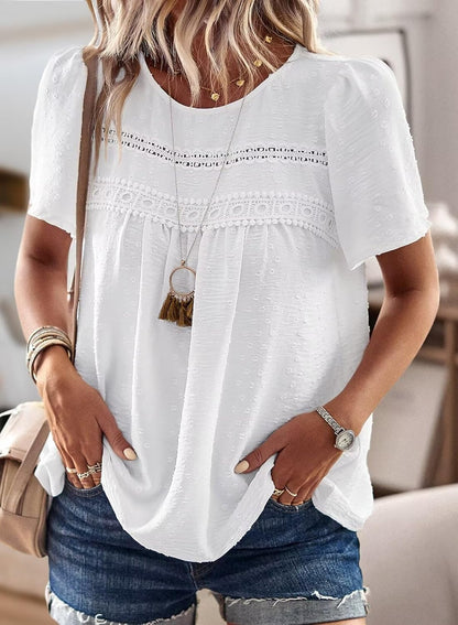 Falechay Womens Summer Blouses Crew Neck Lace Hem Basic Tee Shirts Flowy Chiffon Blouses Clothing for Women White L