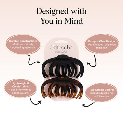 Kitsch Mittelgroße Haarspangen für Damen, starker Halt, Haarclips aus recyceltem Kunststoff für dickes Haar | Ideal für Hochsteckfrisuren, halb offene Frisuren | Ideale Geschenke für Frauen – 2 Stück, Schwarz und Schildpatt