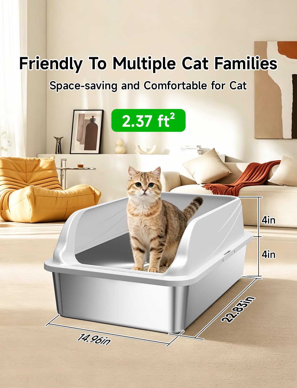 Stainless Steel Cat Litter Box, Odor Free Metal Litter Box with High Sides Lid, Open Top Low Entry Litter Pan Include Scoop Easy Cleaning Anti-Scratch Kitty Cat Box Anti-Urine Leakage, Non-Sticky